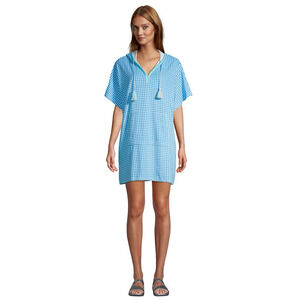 Lands' End Swim Cover Up Womens S M Blue Check Hooded Terry Knit Pouch Pocket